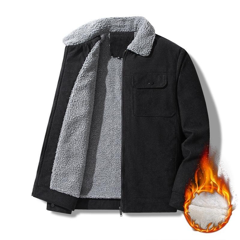 Corduroy Lapel Work Jacket for Winter Men's Plush Thickened Lamb Velvet Jacket for Middle-aged and Elderly Cotton Clothing