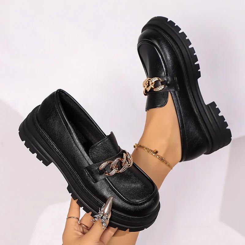 Lucyever Metallkjede Plattform Loafers Kvinner Pluss Størrelse Tykk Bunn Kontor PU Lær Sko Kvinne Slip On Retro Jk Uniform Sko
