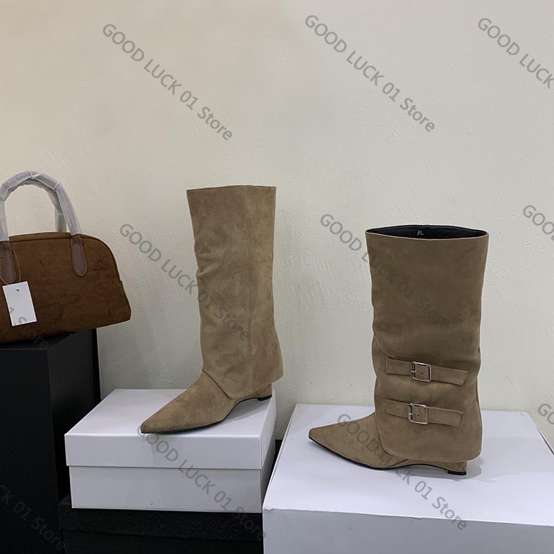 Fashion 2025 Vintage Suede Women Trouser Legs Boots Fashion Belt Buckle Slip On Shoes Autumn Winter Wedges Heel Ladies Long Booties