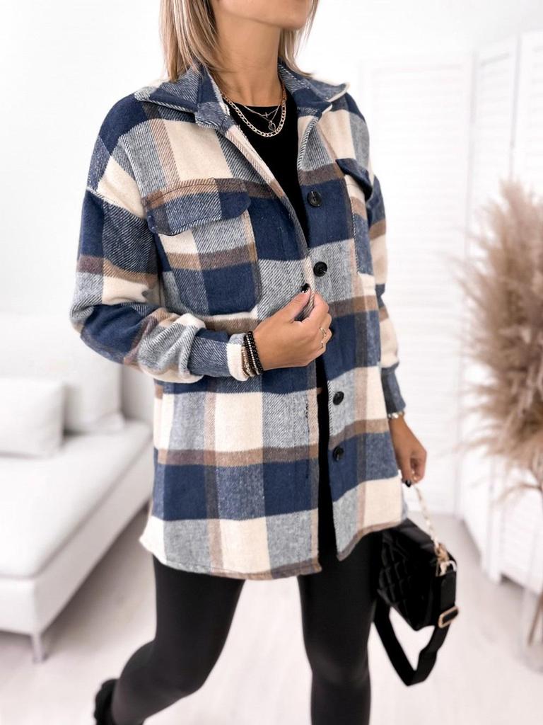 2021 Plaid Print Long Sleeve Woolen Coat with Shirt Collar