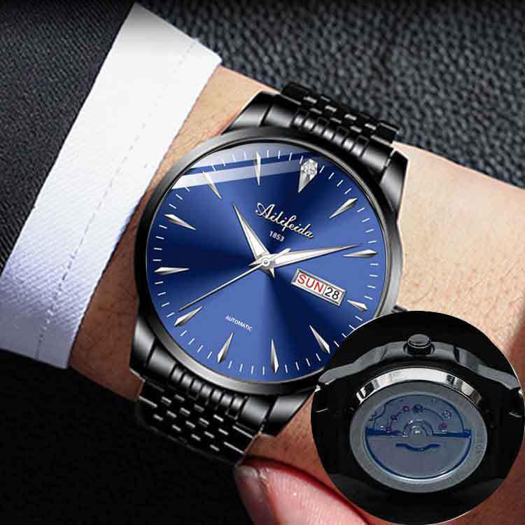Aili Feida Men's Quartz Waterproof Watch with Hollow Back and Calendar Feature.