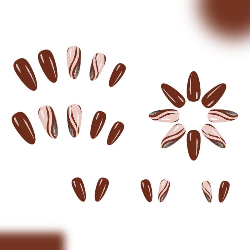 Eleganta Kaffebruna Glitters Press On Nagel Återanvändbar Lösnagel För Kvinnor Fest Bröllop Daglig Användning Enkel Applicering