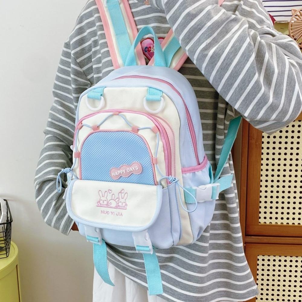 Cute Contrast Color Backpack Large Capacity Wear-resistant Students Schoolbag Nylon Multiple Pockets Travel Rucksack