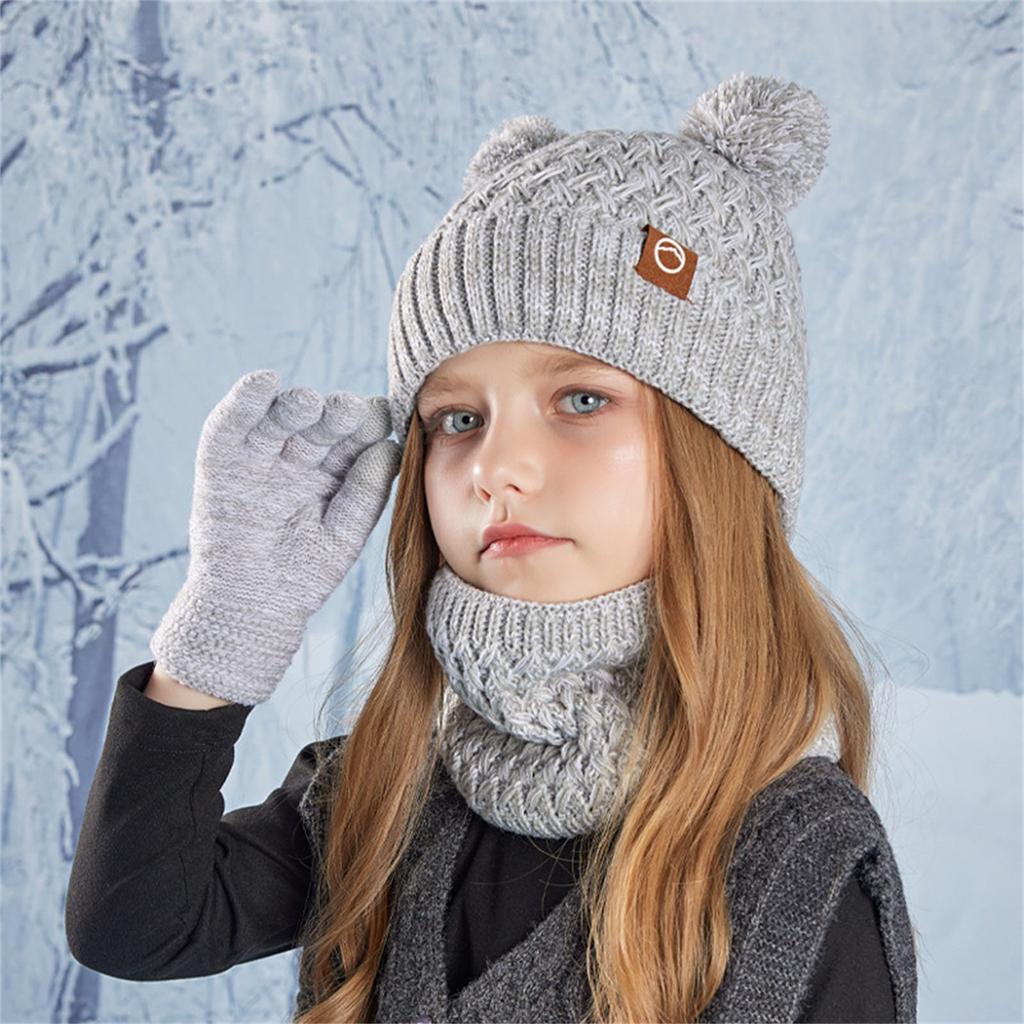 Kids Winter Hat Gloves Scarf Set, Girls Boys Pompom Hats Gloves Knit Set With Thick Fleece Lined For 4-10 Children