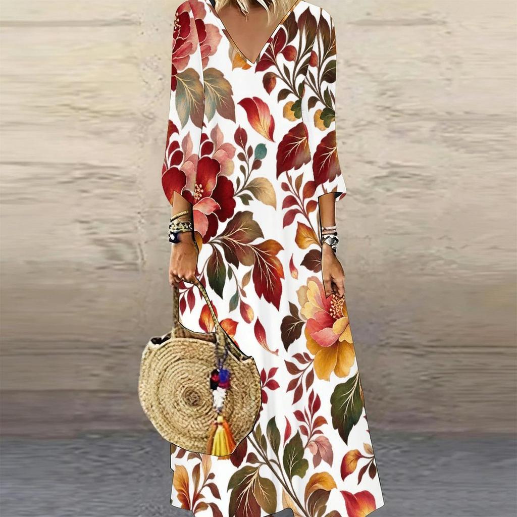 Women Plus Size V Neck Three Quarter Sleeve White Purple Floral Printed Long Dress
