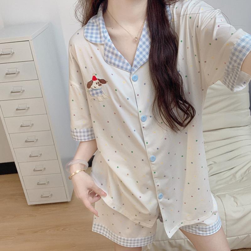Polka Dot Puppy Pajamas Women'S Summer Contrasting Color Plaid Lapel Cardigan Short-Sleeved Loose Loungewear Set