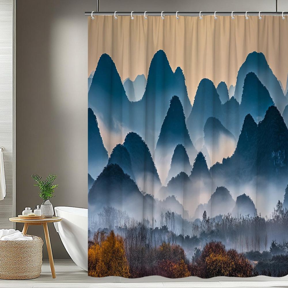 1Pc Landscape Mountain And River Shower Curtain Bathroom Decor Polyester Fabric Bathtub Divider Hanging Curtain With 12 Hooks