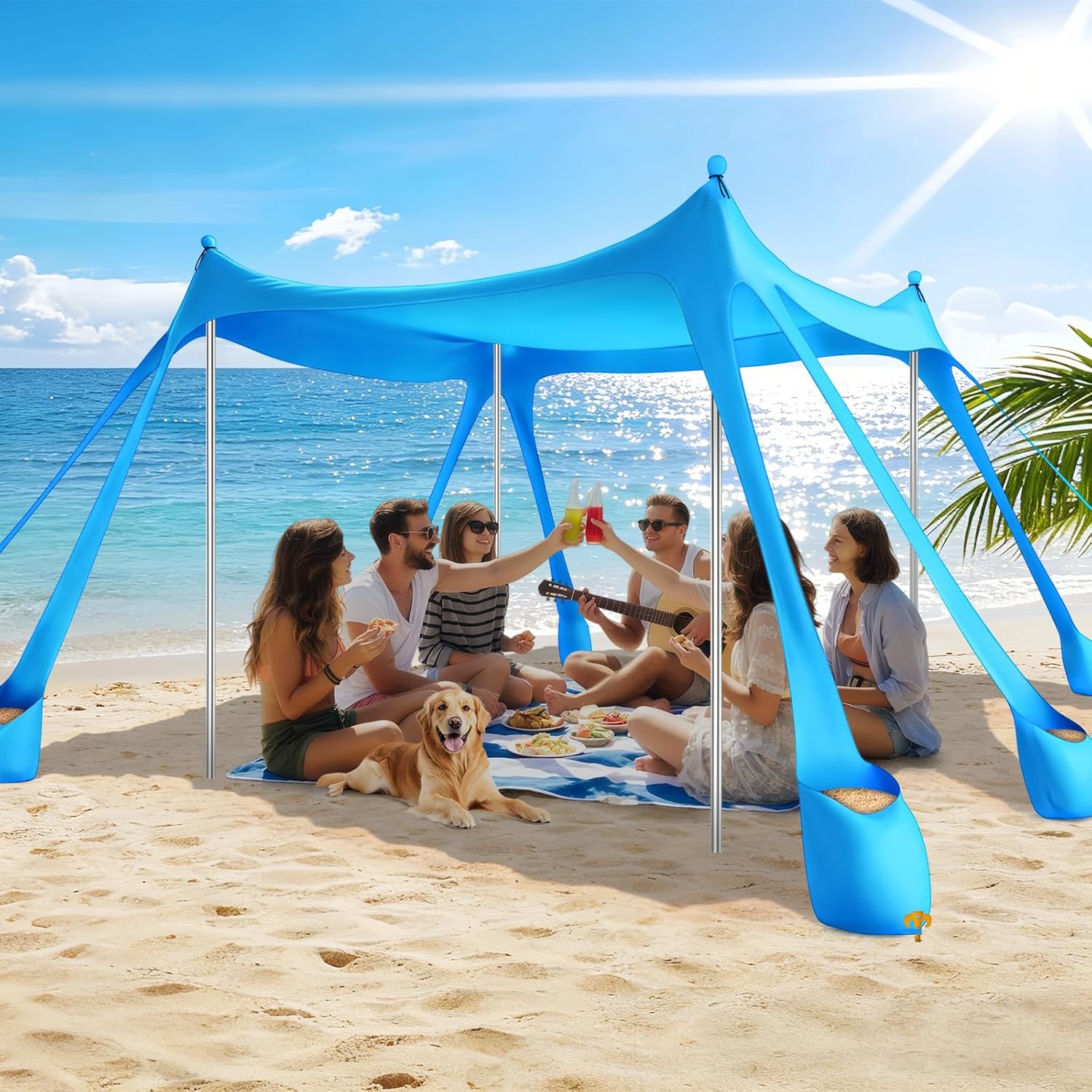 

10x10 FT Beach Tent Sun Shelter With 8 Sandbags & Stable Aluminum Poles Manual Setup Large Canopy For Family Outdoor Camping 10 x 10 FT небесно-голубой
