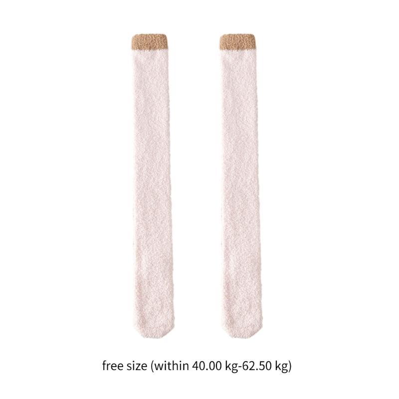 Women's Cute Coral Fleece Thigh High Socks Fuzzy Over The Knee Socks Striped Long Leg Warmers Winter Warm Slipper Socks