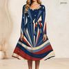 Plus Size Women Square Neck Long Sleeve Dress With Belt Red Blue Gold Star Firework Glitter Print Swing Dress