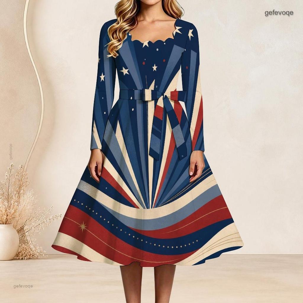 Plus Size Women Square Neck Long Sleeve Dress With Belt Red Blue Gold Star Firework Glitter Print Swing Dress