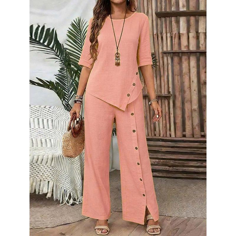 Women's new irregular hem trousers set, elegant fashion casual button loose two-piece set
