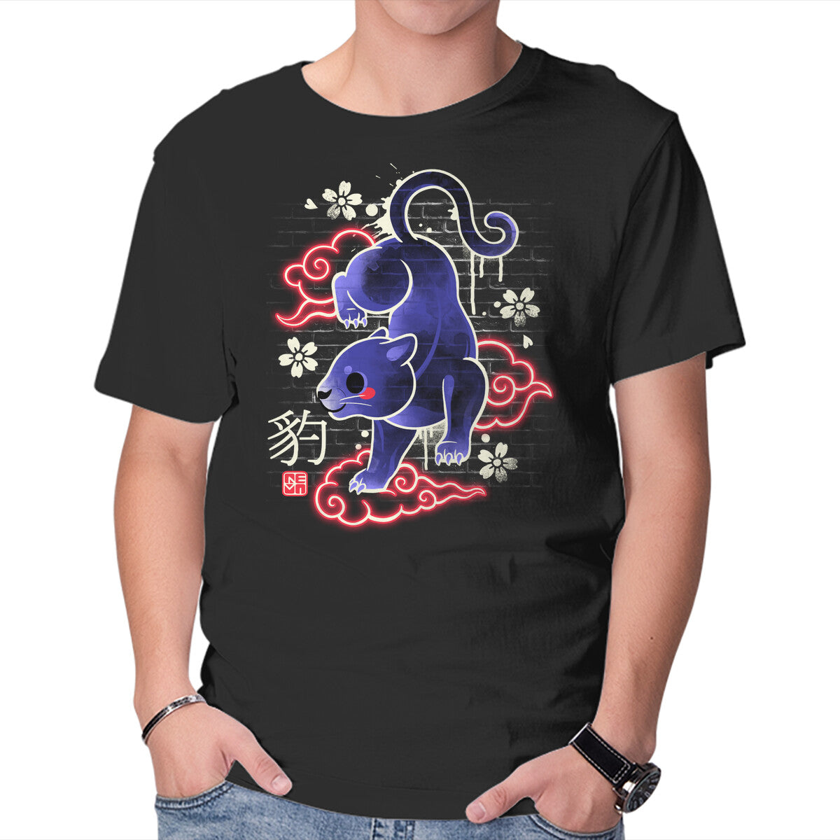 Unisex Crew Neck T-Shirt Japanese Panther Street Art Graphic Short Sleeve Casual Tee XXL