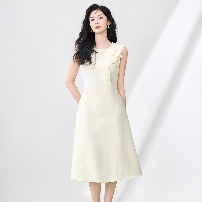 

Elegant Three-Dimensional Beaded Floral Waist-Hugging Sleeveless Summer Dress for Women L абрикосовый