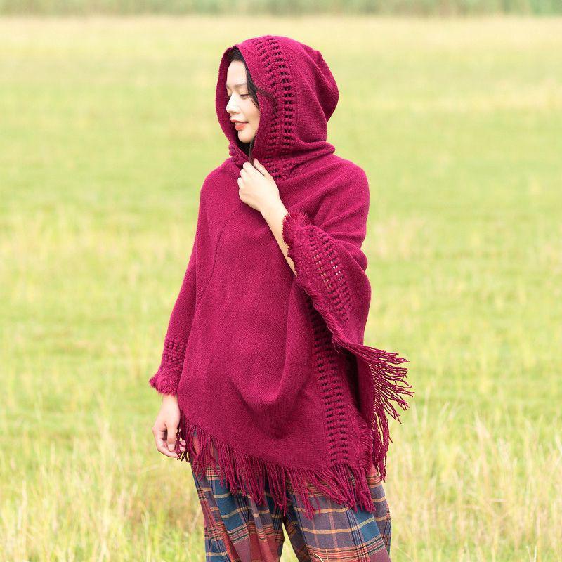 SHANGY2023 Solid Color Women's Fashion Hooded Shawl Cape