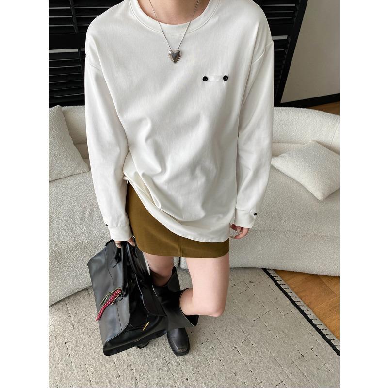 Sinan Blogger Loose Round Neck Two-Button Long Sleeve Velvet T-shirt SN8464 Medium белый