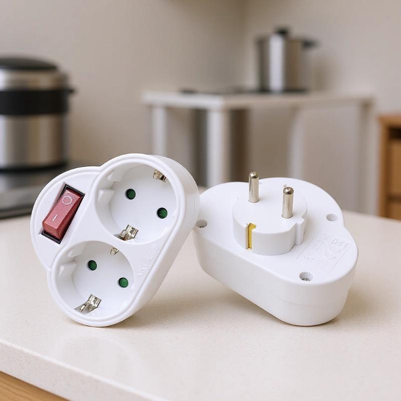 German-Style Euro Plug Socket with Switch: 2-Pin to 1-in-2 Power Converter