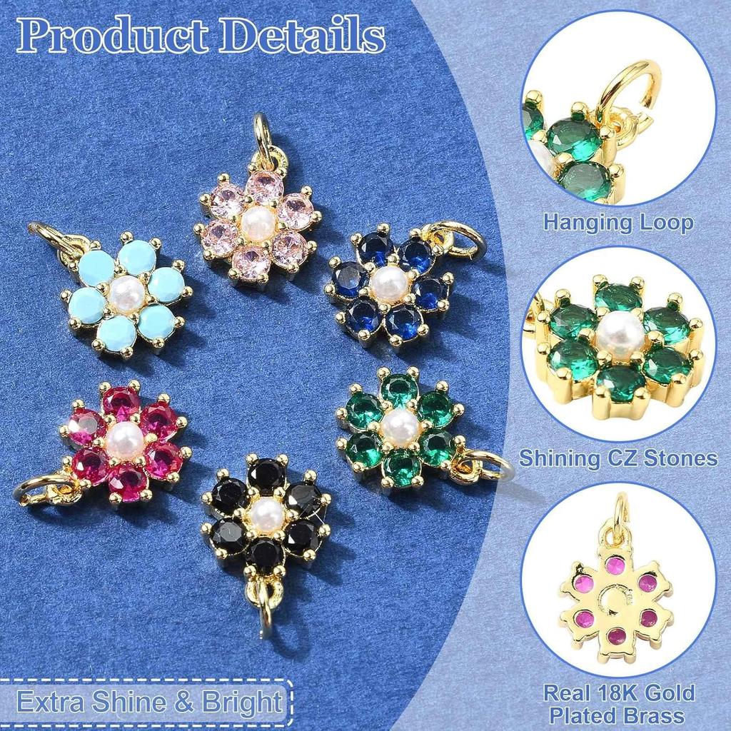 Stiesy 10 Pcs Mix Random 18K Gold Plated Mini Flower Shape Charms Brass Micro Pave Colorful Cubic Zirconia CZ Stone Dangle Charms with Pearl for