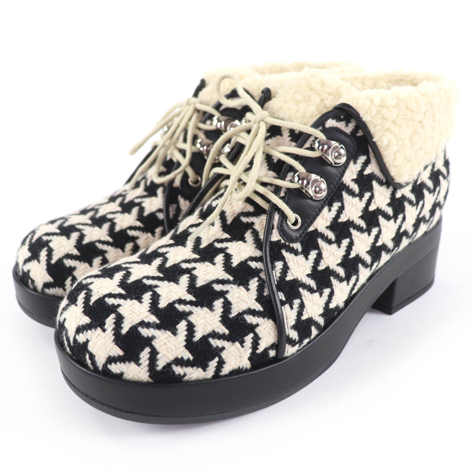 Идеальные короткие ботинки GUCCI в клетку «принц Уэльский» с кожаными акцентами черные 37 591039 Б/у