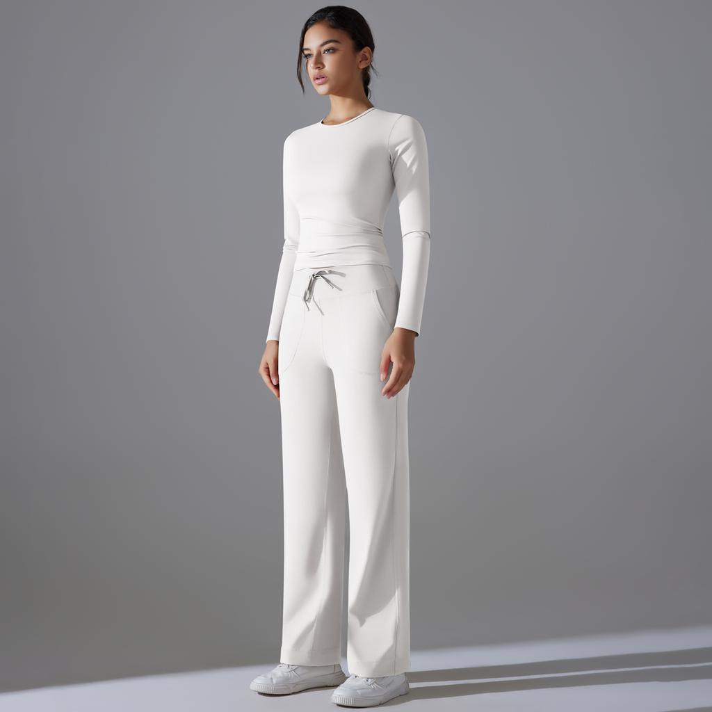 Auroth Long Sleeve Yoga Set With Pockets Women Workout Colthes Gym Top Wide Leg Fitness Pants Sportswear