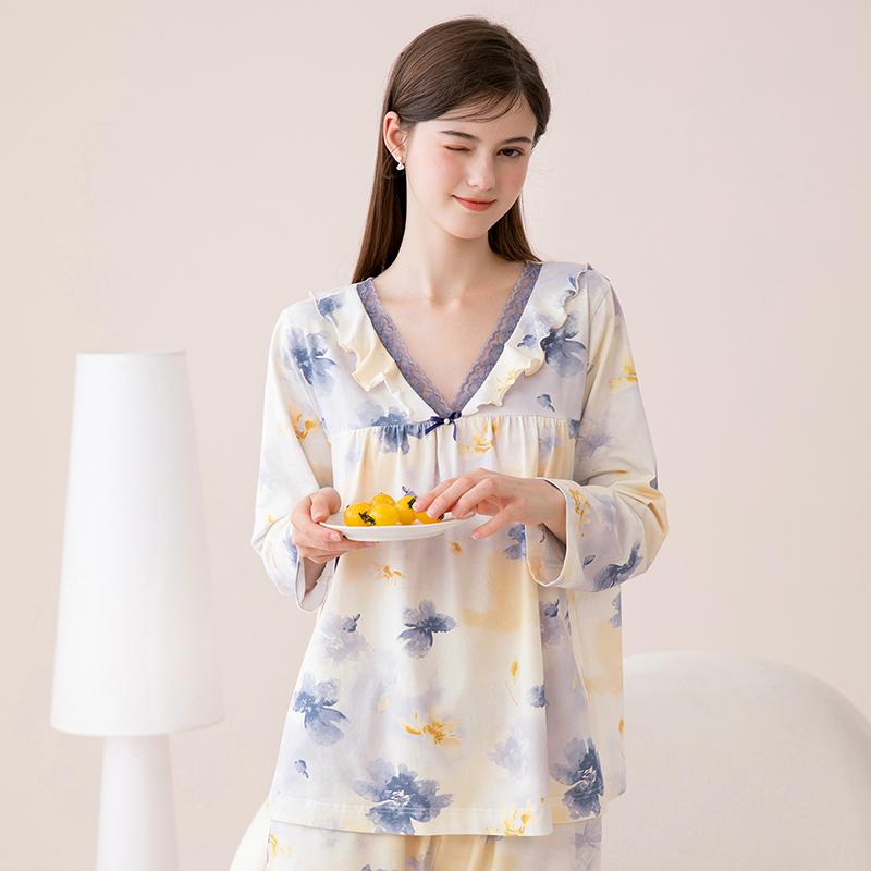 Fenteng 100% Cotton Soft and Skin-friendly Floral Fresh V-neck Long-sleeved Pajama Set for Women