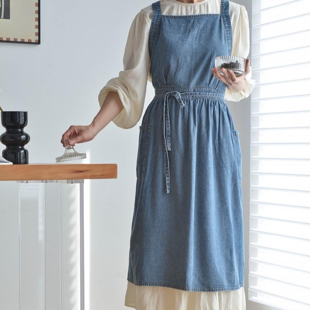 Cotton Vintage Denim Apron Stain-Resistant Cooking Apron Portable Cross Back Apron  Grilling
