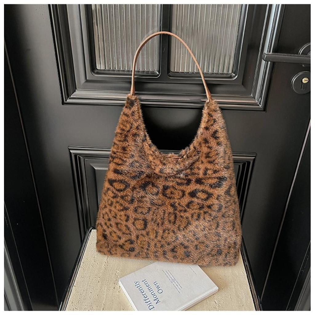Hobo Bag for Women Plush Black Leopard Print Single Shoulder Carry Daily Use