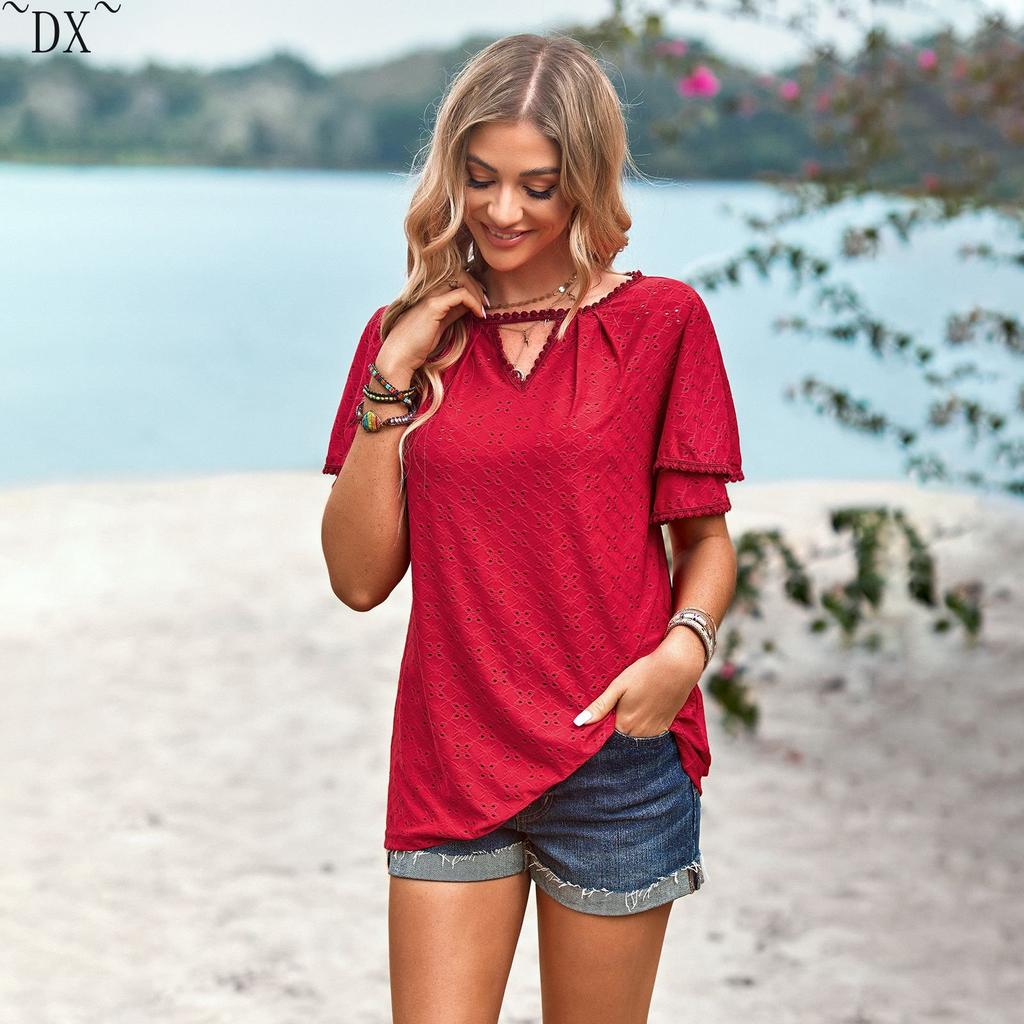 DX~~ unabhängig entwickelte und entworfene einfarbige Lochstricktops für lässige Damen für Frühling und Sommer;s tragen.