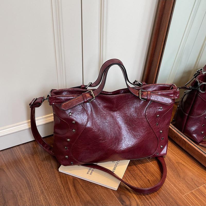 

Женская мода Y2K Горячая девушка Мотоциклетная сумка Винтажная Однотонная Большая Вместимость Декор Заклепки Сумка через Плечо Кроссбоди CLE 39x12x23cm винный
