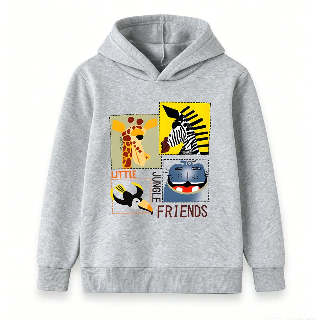 Kids Unisex Boys Girls Pullover Hoodie, Cute Little Jungle Friends Giraffe Zebra Hippo Toucan Graphic Casual Warm Hooded Sweatshirt for Daily Wear