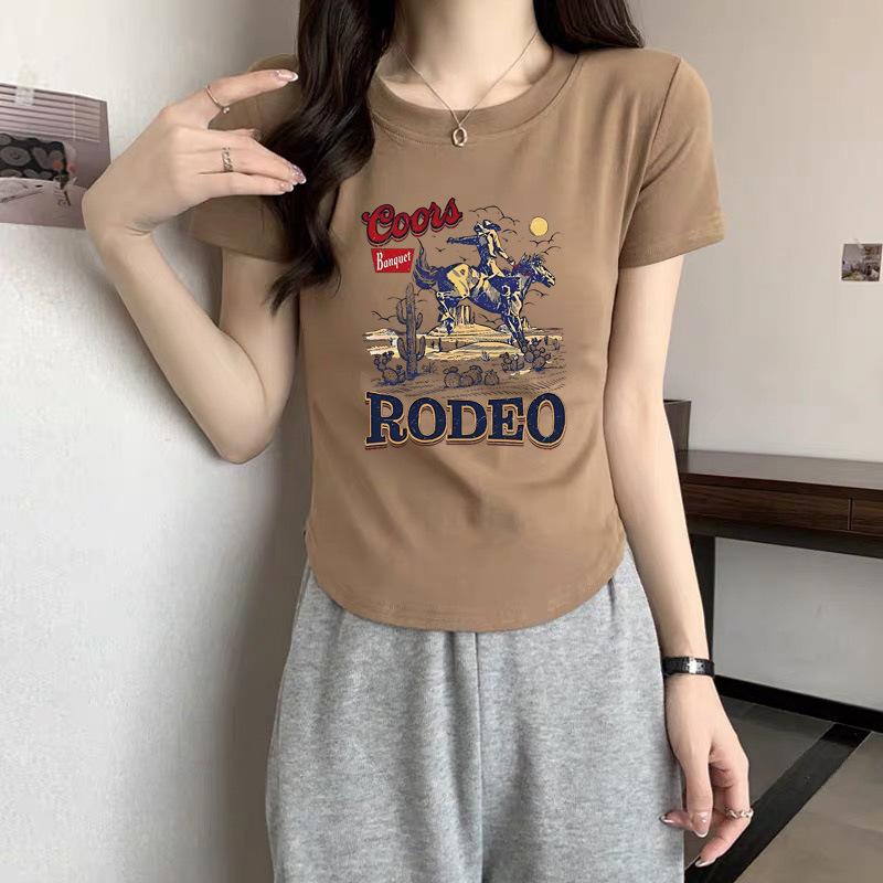 Summer new American retro crew neck white printed short-sleeved T-shirt women's 2025 thin design T-shirt