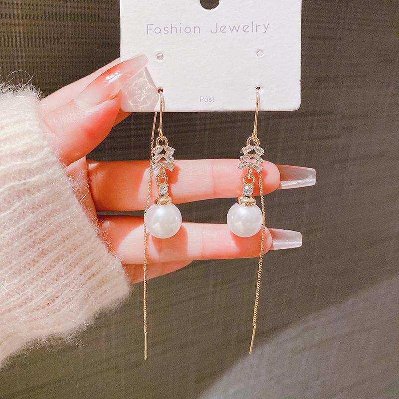 New Trendy Exquisite Fashion Micro-inlaid Zircon Pearl Fringed Ear Line Women's Personality Thin Earrings