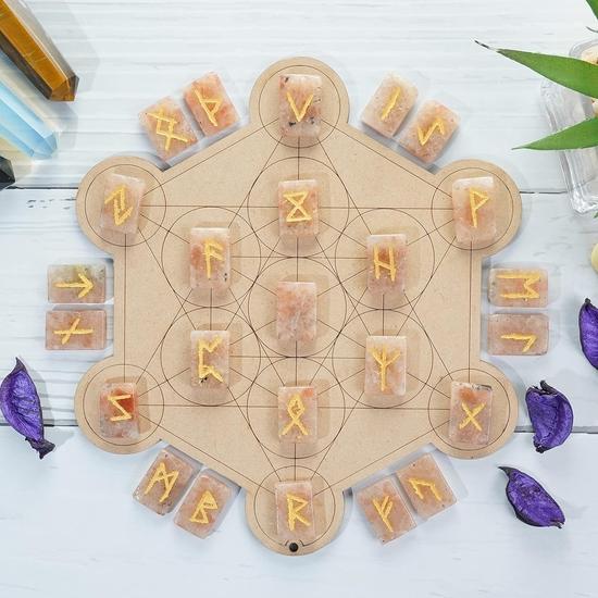 Crocon Sunstone Rectangle Shape Gemstone Runes with Elder Futhark Alphabet Engraved 25 Pcs Rune Set  : 20-25mm