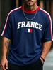 French Flag And No.10 Print Colorblock T-Shirt, Navy Blue & Red Crew Neck Short Sleeve Striped Casual Top, France Nation Team Fan Top