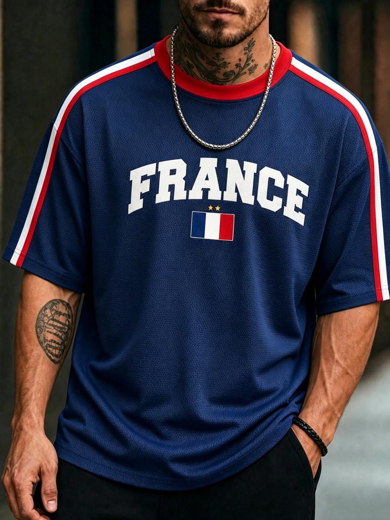 French Flag And No.10 Print Colorblock T-Shirt, Navy Blue & Red Crew Neck Short Sleeve Striped Casual Top, France Nation Team Fan Top