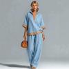 Women's Cotton Linen Two Piece Set Half Zip V Neck Top Wide Leg Pants Contrast Trim Outfit