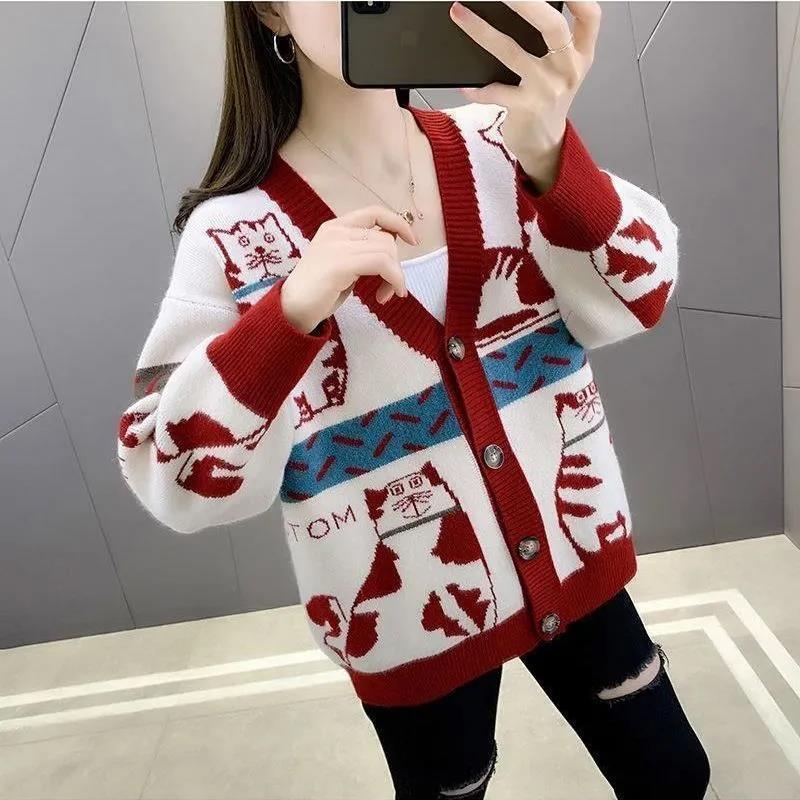 Autumn and Winter Loose Knitted Sweater Versatile Wear Fashion Casual Cartoon Kitten Color Matching V-neck Sweater Jacket Women