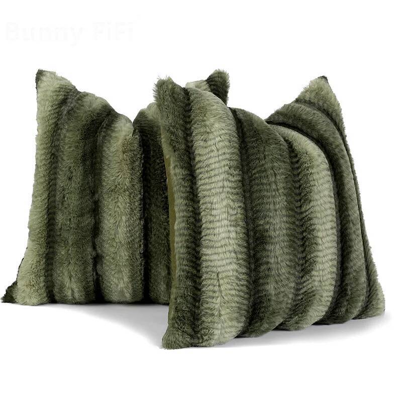 2pcs Luxury Texture Plush Single-Sided Cushion Cover Rabbit Fur Soft Striped Pattern Decorative Throw Pillow Case For Sofa Decor