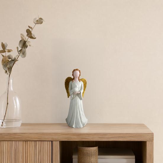 yangyizhi Angel Figurine, Resin Gold Wing Statue, White Skirt Faceless Holding Pigeon, Hand-Painted Home Decor
