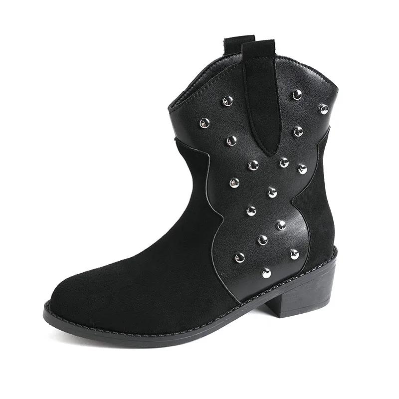 Mode Damen Schuhe 2024 Mode Ärmel Damenstiefel Herbst Runde Zehe Niete Einfarbig Kurzer Schaft Klobige Absätze Große Größe Westernstiefel
