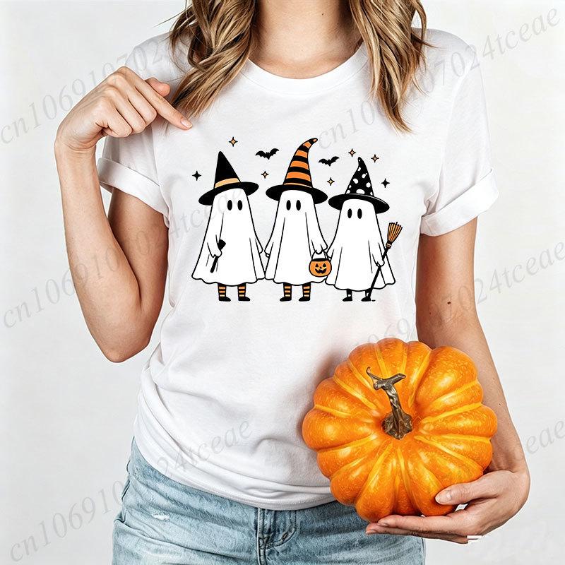 Women Halloween T Shirt Ghosts with Witch Hats Graphic Tees Family Matching Bat Pumpkin Short Sleeve Tops Halloween Party Tshirt