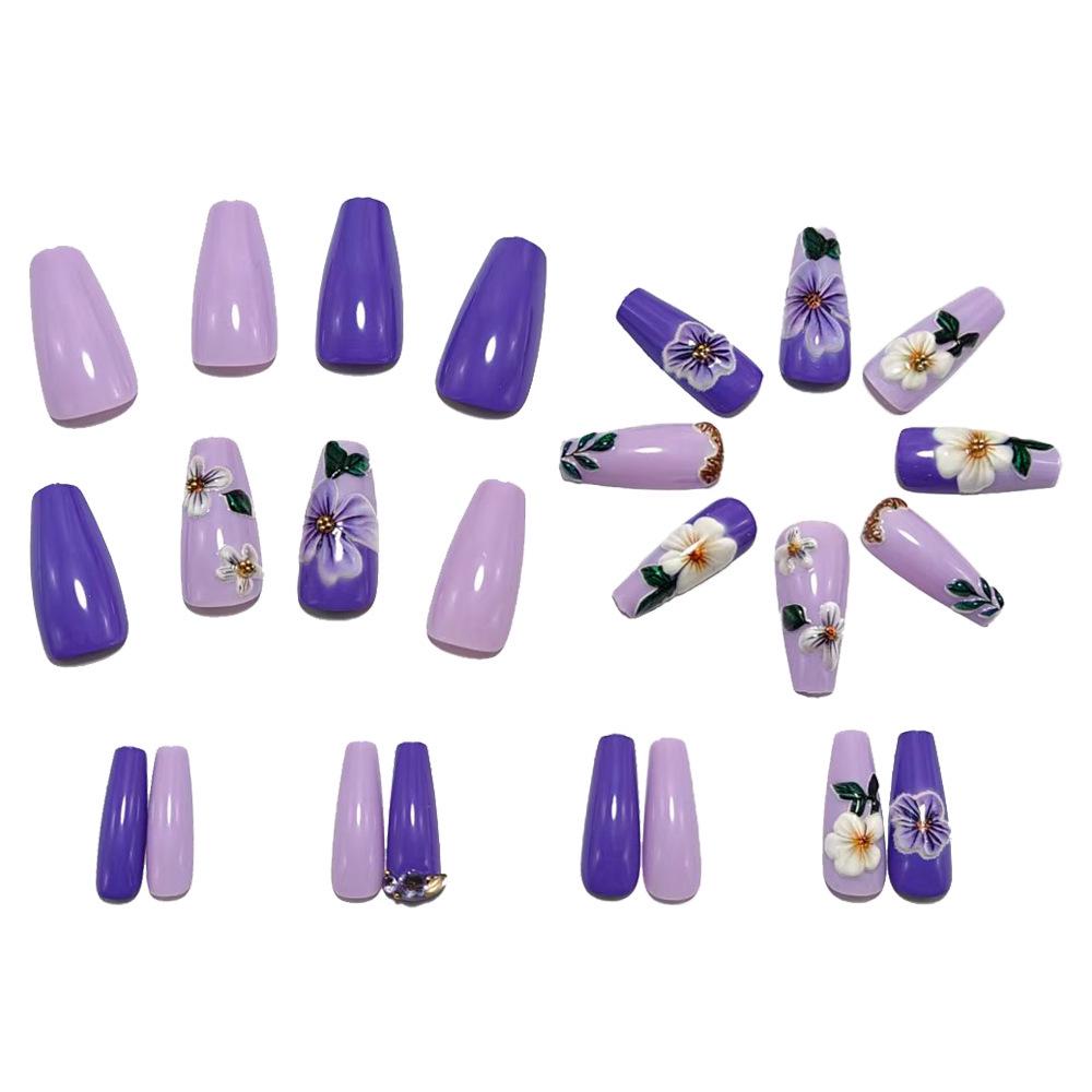 Romantic Purple Floral Ballet Medium Nails - 24-Piece Fashionable Manicure Set