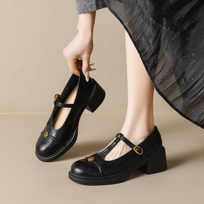 2993-2 Francuskie Retro Grube Obcasy Jednolite Buty Damskie Kamelia Lekkie Usta Mary Jane
