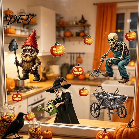 Holiday Atmosphere Wall Accents Halloween Sticker, Pumpkin Witch Skeleton Printed, Self-adhesive Waterproof Spooky Farmhouse Party Decor PVC