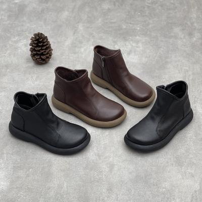 Handmade Genuine Leather Ankle Boots Casual Round Toe Side Zipper Soft Soled Cowhide Women's Shoes