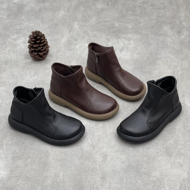 Round-toed Flat Casual Side-zipped Women's Shoes with Short Boots