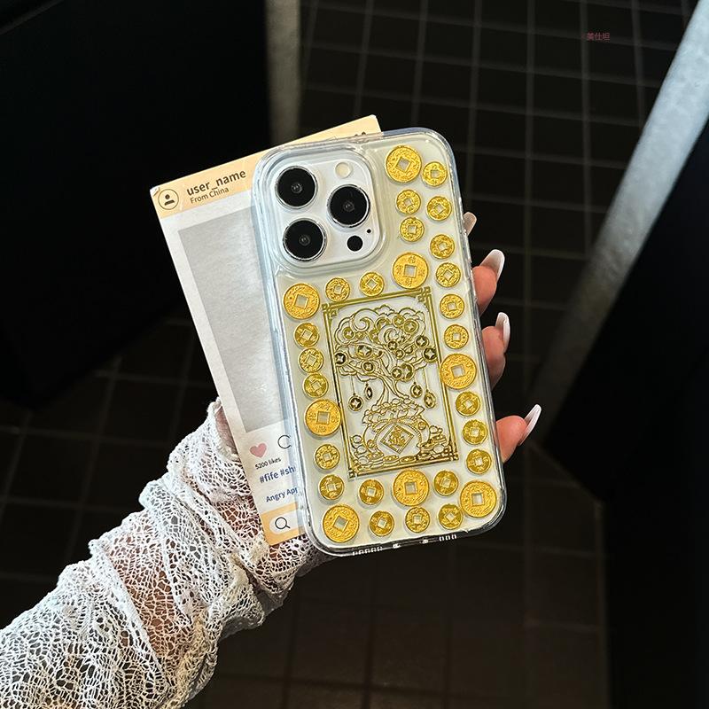 Applicable to Apple 16promax mobile phone case, Epoxy gold foil iPhone15 God of Wealth 14 Shunfeng 13 Shunshui 12 Transparent