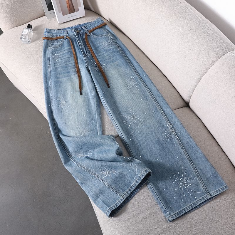 Frühling Sommer Schwer Vollstern Strasssteine Gürtel Design Schlank Weites Bein Jeanshose Für Damen Lässige Hose Übergröße Jeanshose