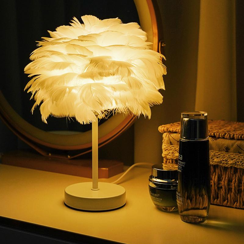 Ins Romantic Feather Table Lamp, Dimmable Bedside Night Light for Bedroom Decor
