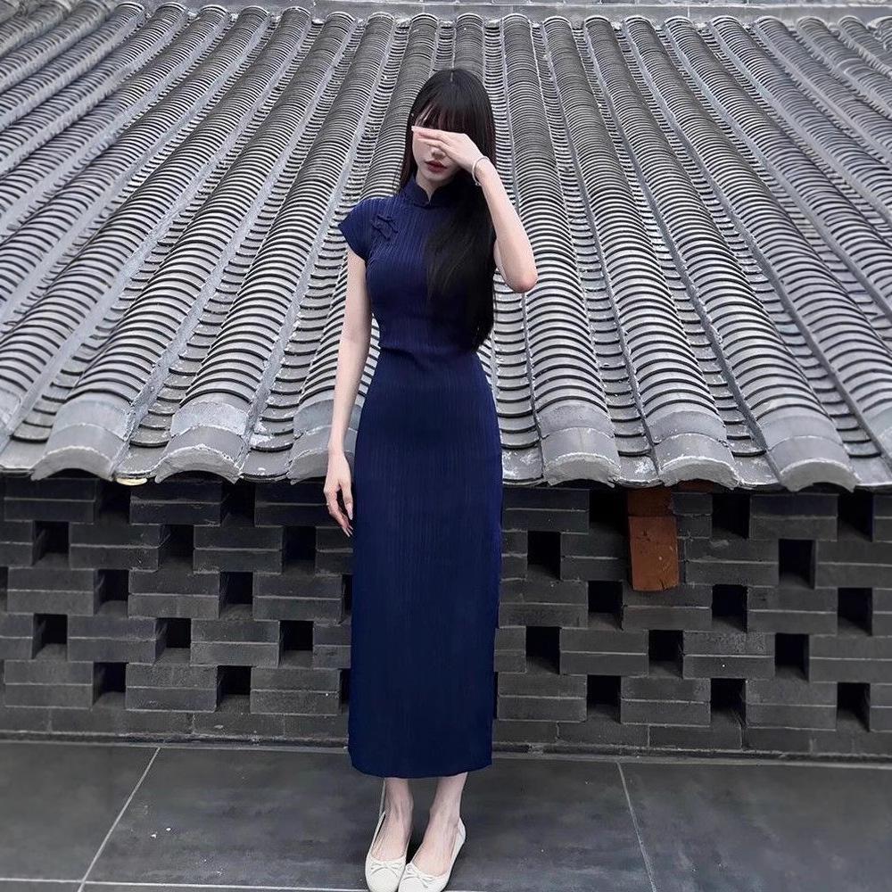 

Платье ципао в стиле Хепберн, темно-синее - Шикарный и современный летний наряд для женщин Extra Large темно-синий